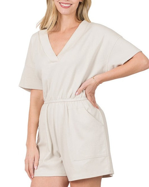 Drop Shoulder V-Neck Romper with Pockets