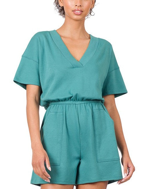 Drop Shoulder V-Neck Romper with Pockets