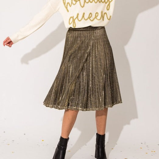 Golden Lurex Pleated Midi Skirt