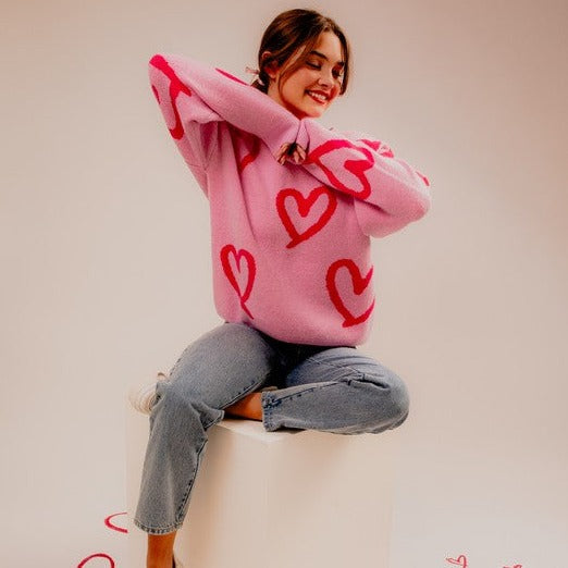 Long Sleeve Round Neck Heart Printed Sweater