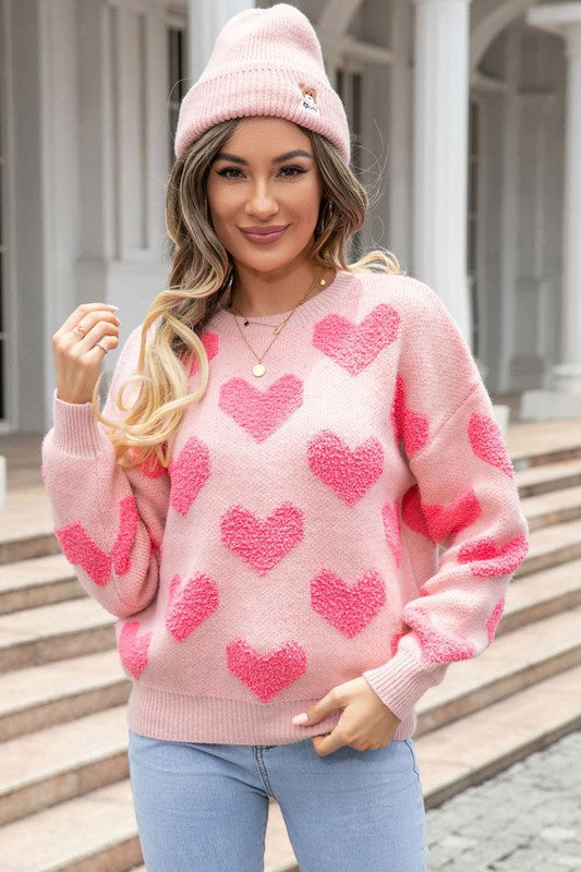 Fuzzy heart pink knit sweater