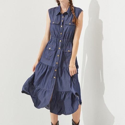 Button Down Denim Dress-Plus