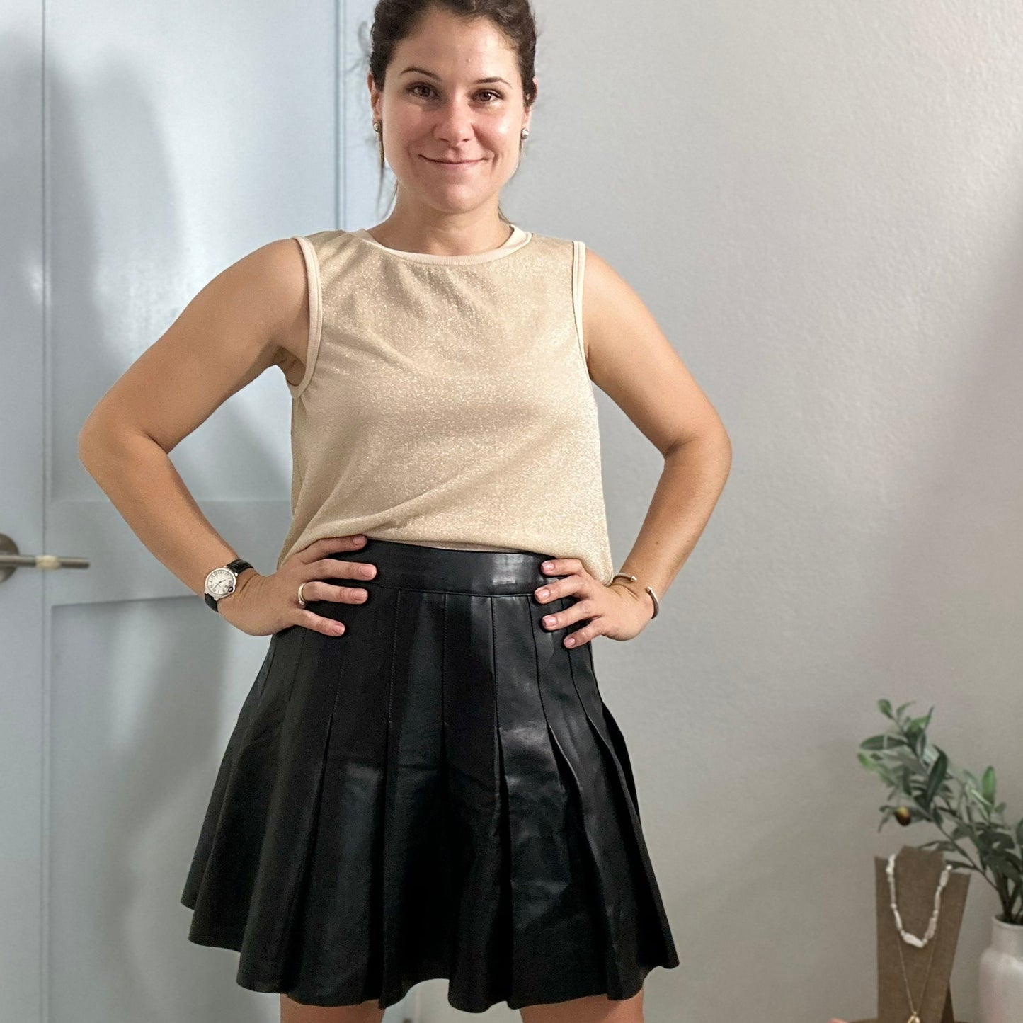 Black Leather Pleated Skirt