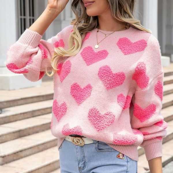 Fuzzy heart pink knit sweater