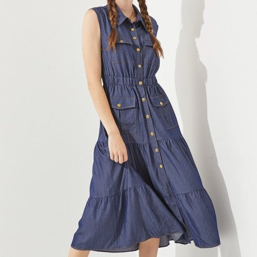 Button Down Denim Dress-Plus