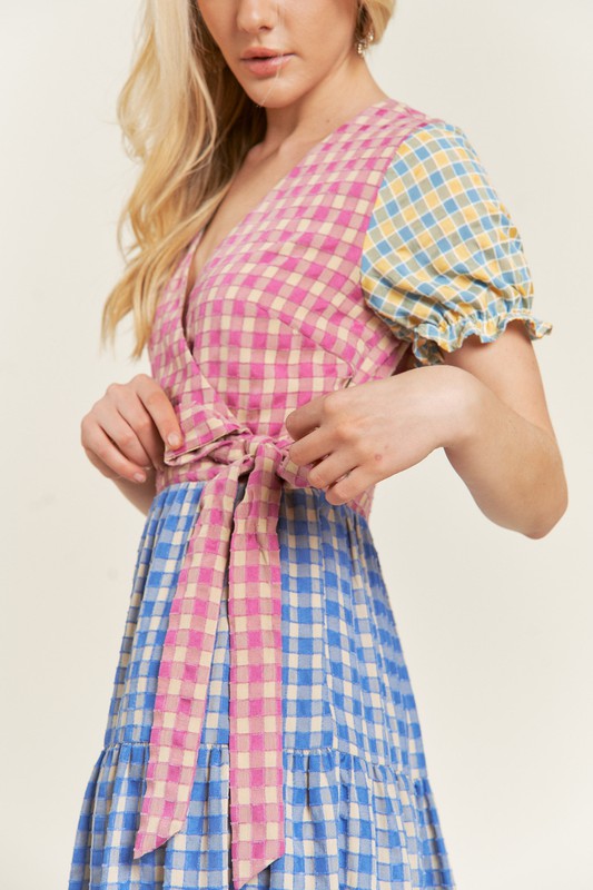 Colorblock Gingham Dress-Plus