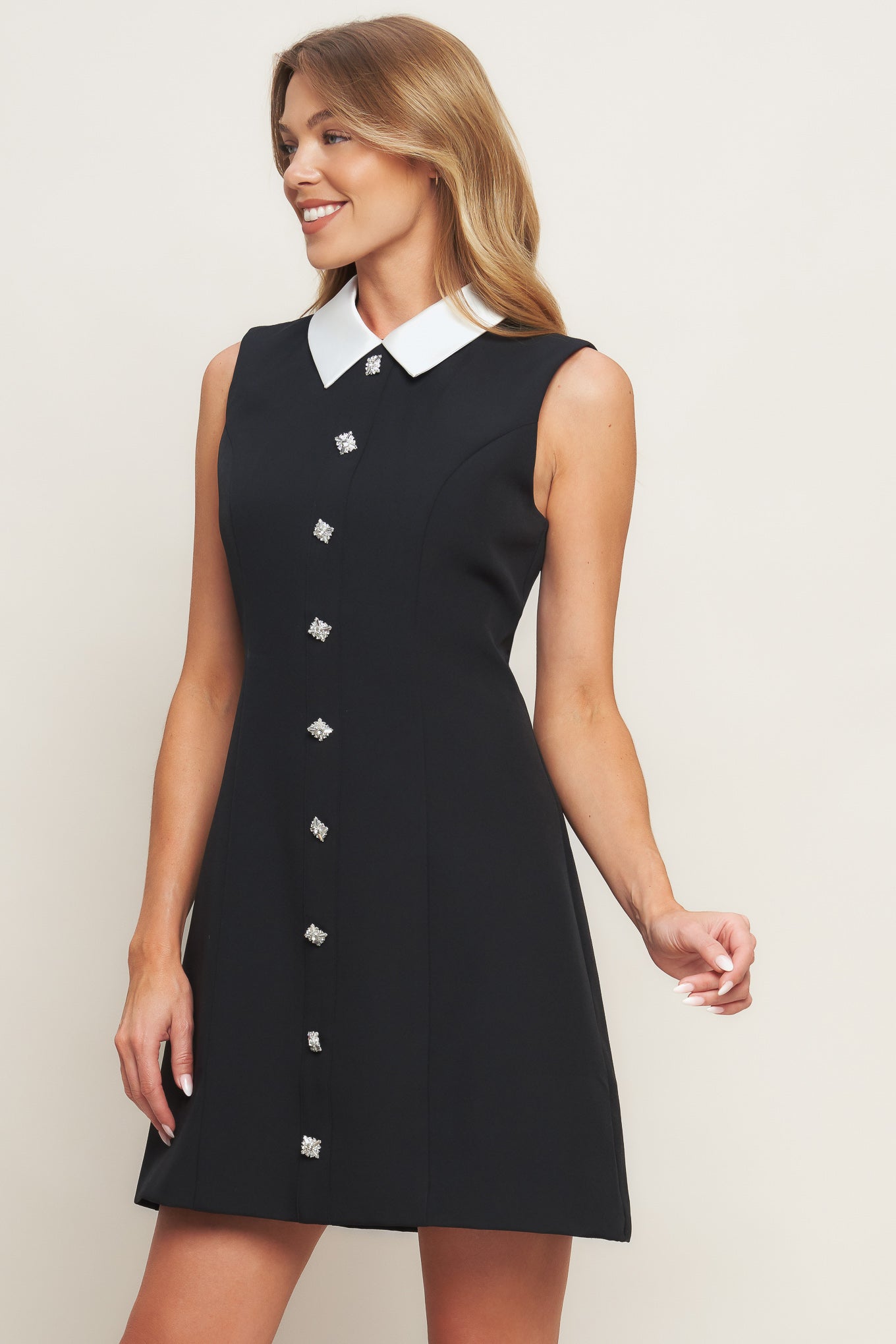 Crystal Button Collar Mini Dress