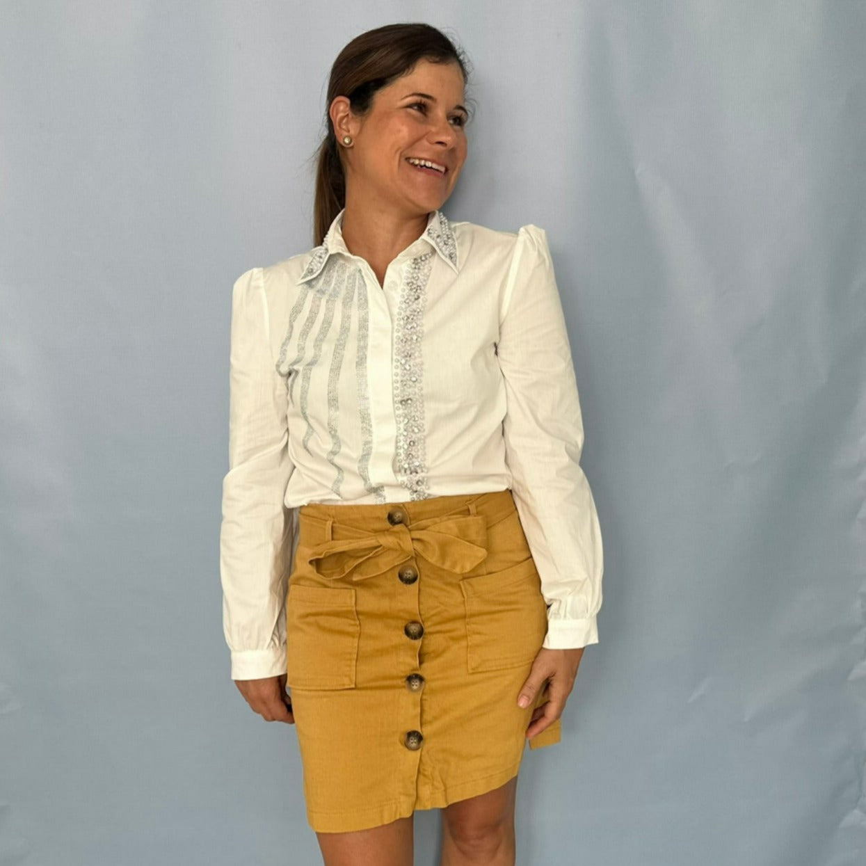 Pencil Skirt And Mustard Skirt Navy Shirt Myntra Navy Cord Pencil