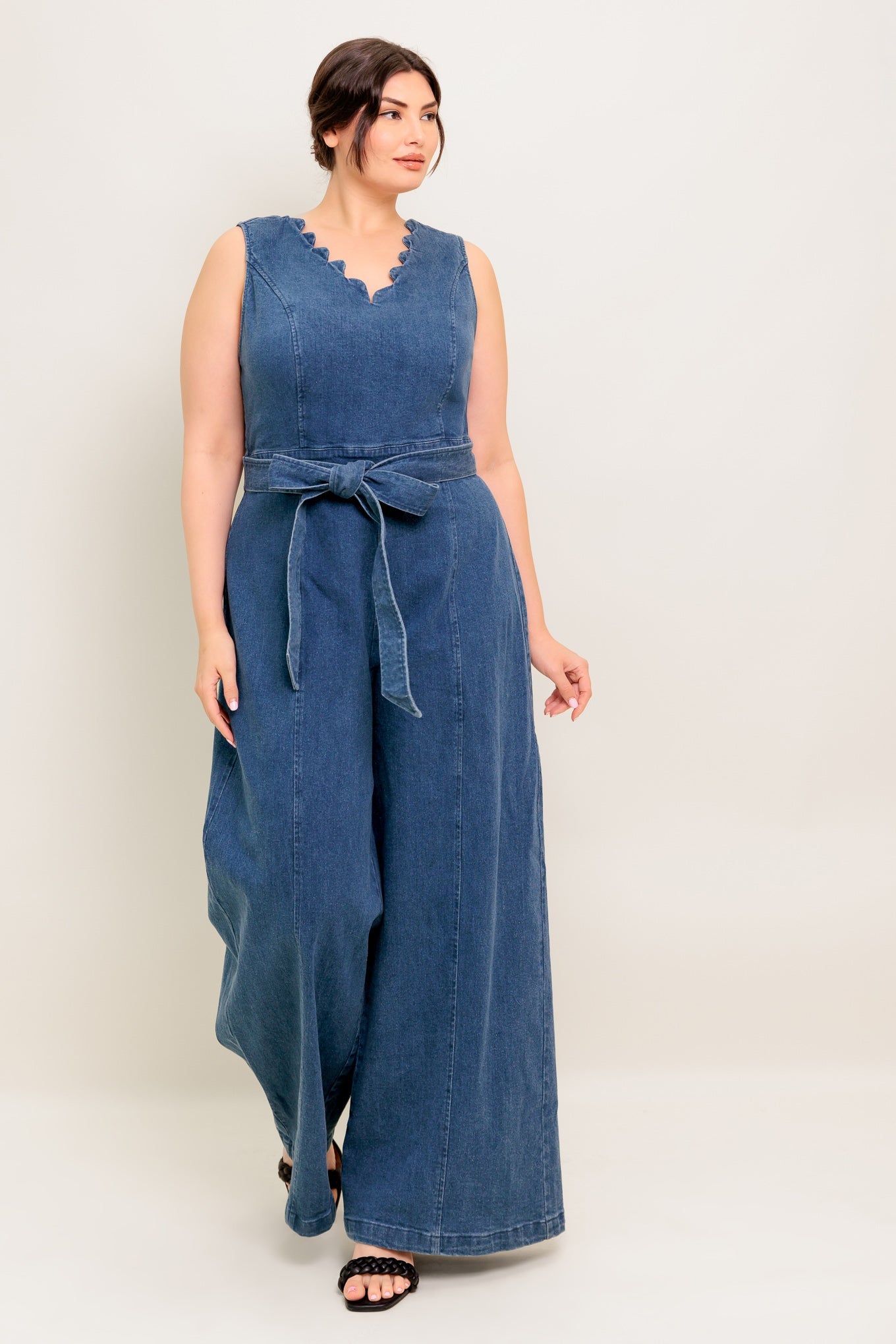 Scalloped Denim Wide-Leg Jumpsuit