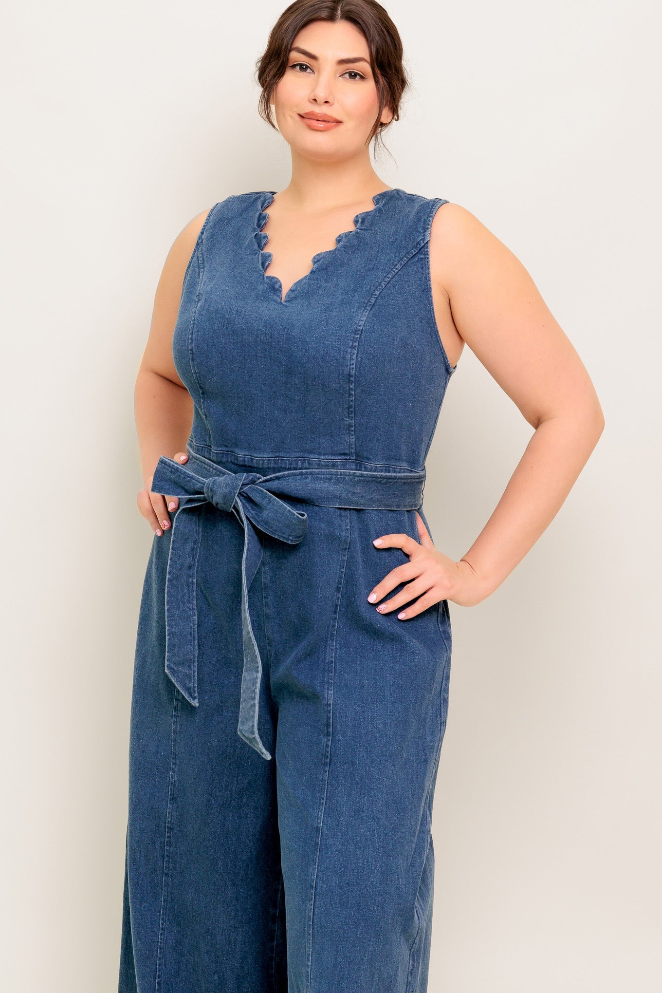 Scalloped Denim Wide-Leg Jumpsuit