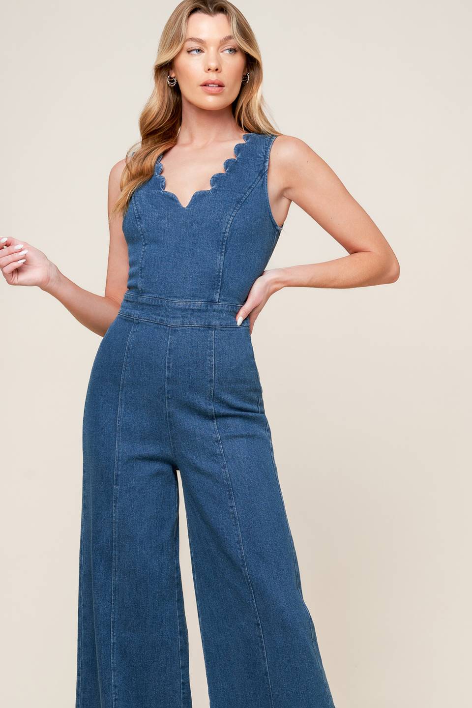 Scalloped Denim Wide-Leg Jumpsuit