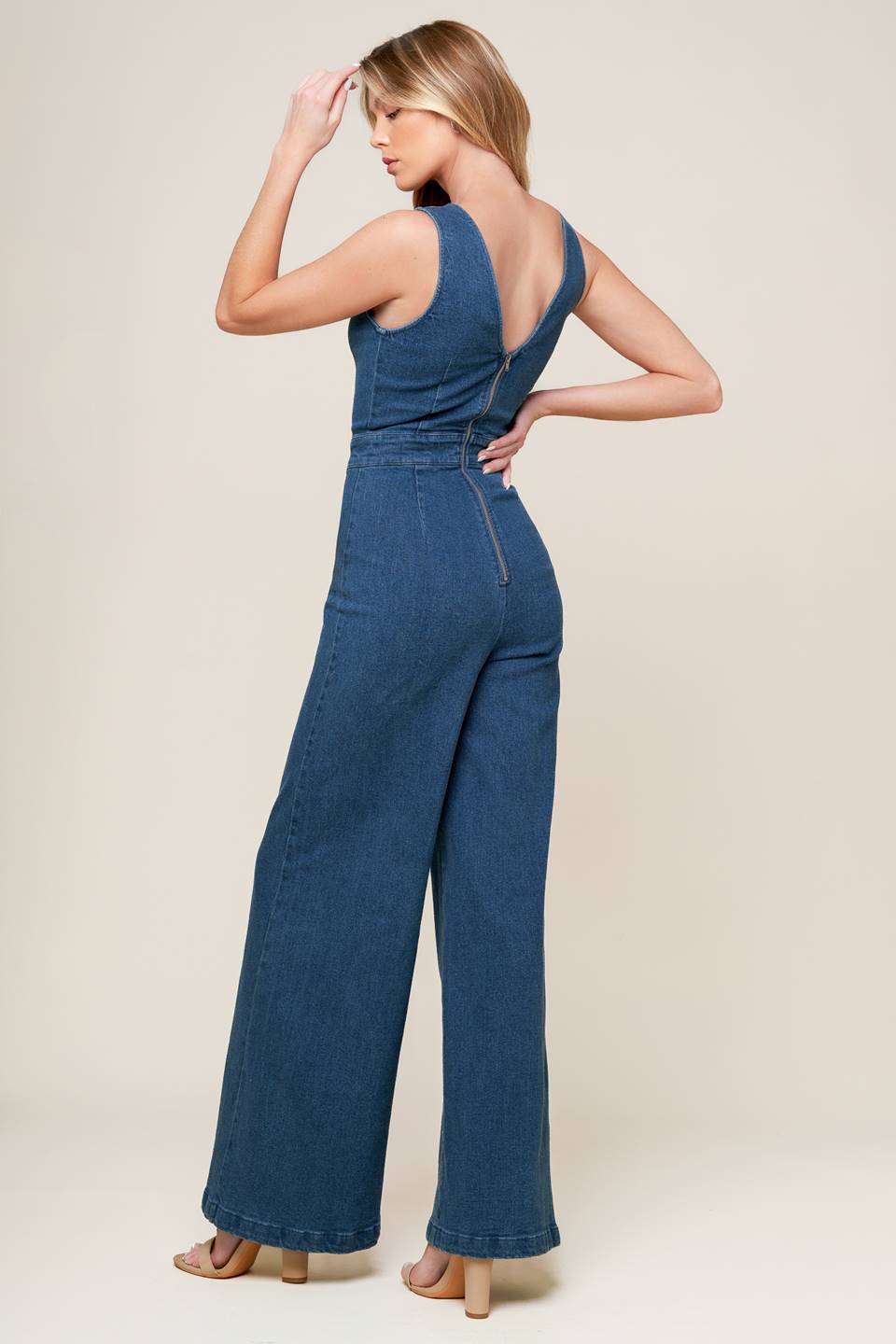 Scalloped Denim Wide-Leg Jumpsuit