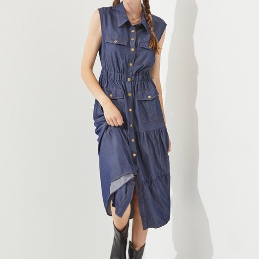 Button Down Denim Dress-Plus