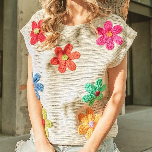 Crochet Flower Embroidery Knit Top
