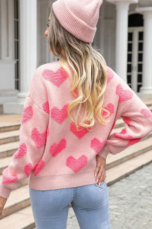 Fuzzy heart pink knit sweater