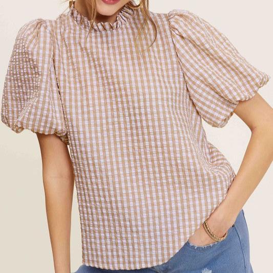 Gingham Check Print Puff Sleeve Top