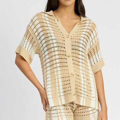 Button Up Striped Crochet Top