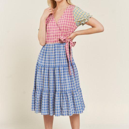 Colorblock Gingham Dress-Plus