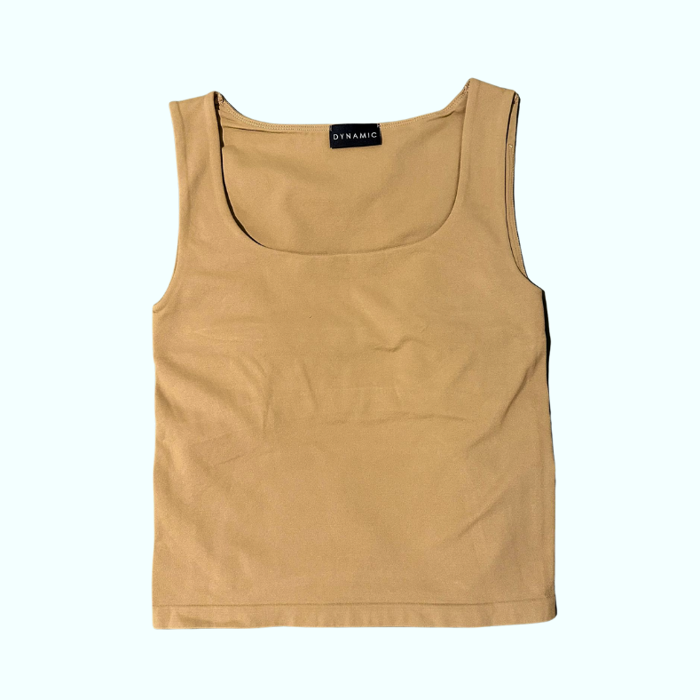 Camel tank top with a brand label on a white background