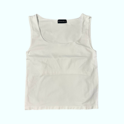 White tank top with a brand label on a white background