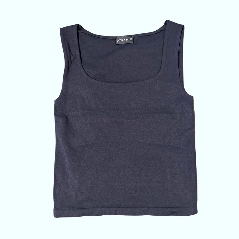 Black tank top with a brand label on a white background