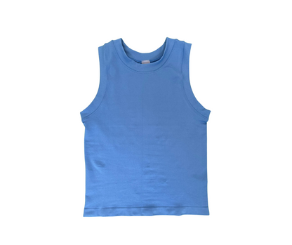 Blue sleeveless shirt on a white background