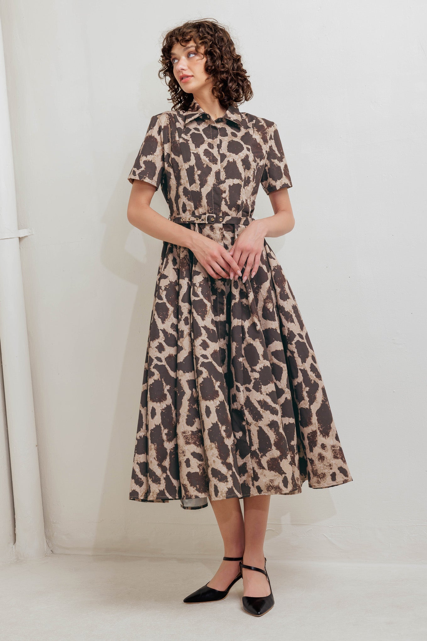Brown and beige animal print midi dress with shirt collar, belt, and circle skirt for garden parties and special occasions