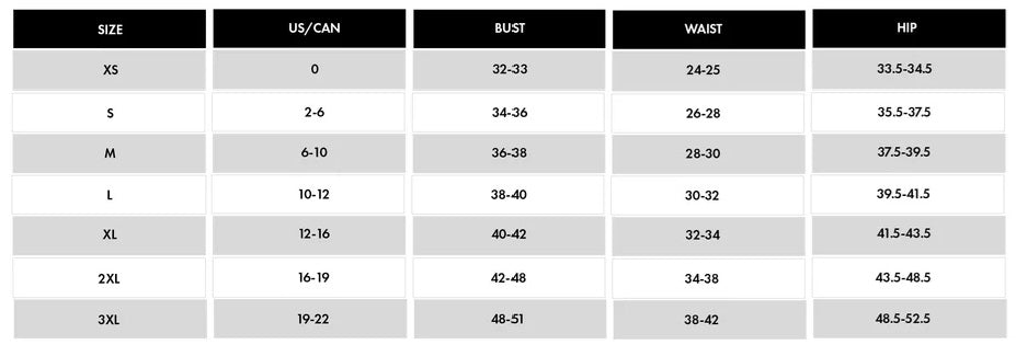 Size chart for clothing with measurements in inches and centimeters.