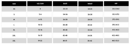 Size chart for clothing with measurements in inches and centimeters.