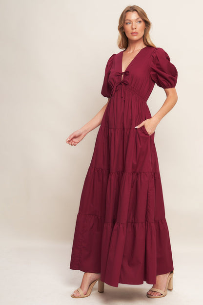 Burgundy Romance Puff Sleeve Maxi Dress