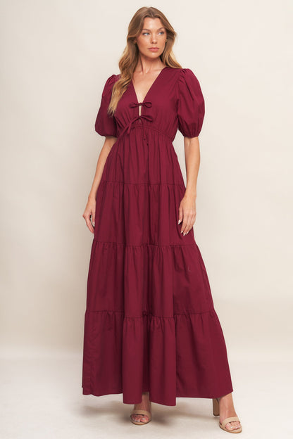 Burgundy Romance Puff Sleeve Maxi Dress