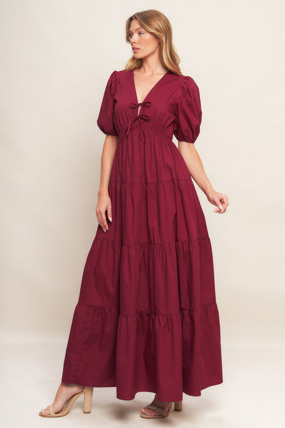 Burgundy Romance Puff Sleeve Maxi Dress