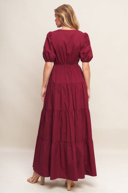 Burgundy Romance Puff Sleeve Maxi Dress