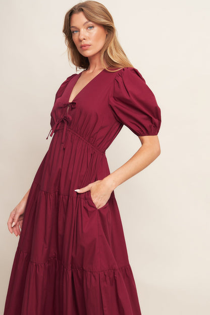 Burgundy Romance Puff Sleeve Maxi Dress