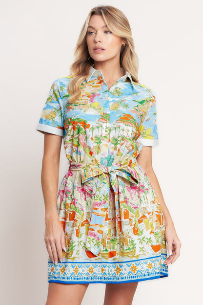 Mediterranean Village Belted Shirt Dress