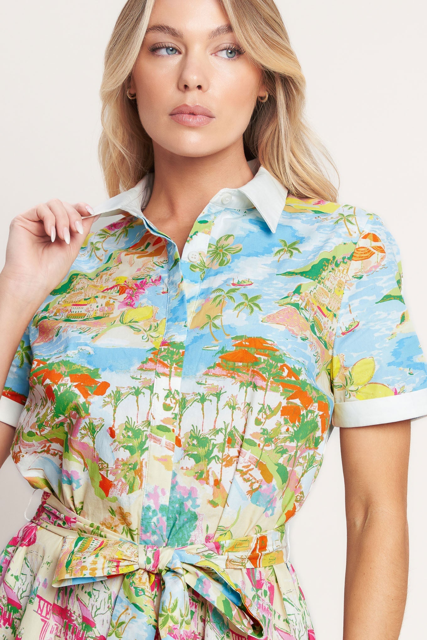 Mediterranean Village Belted Shirt Dress