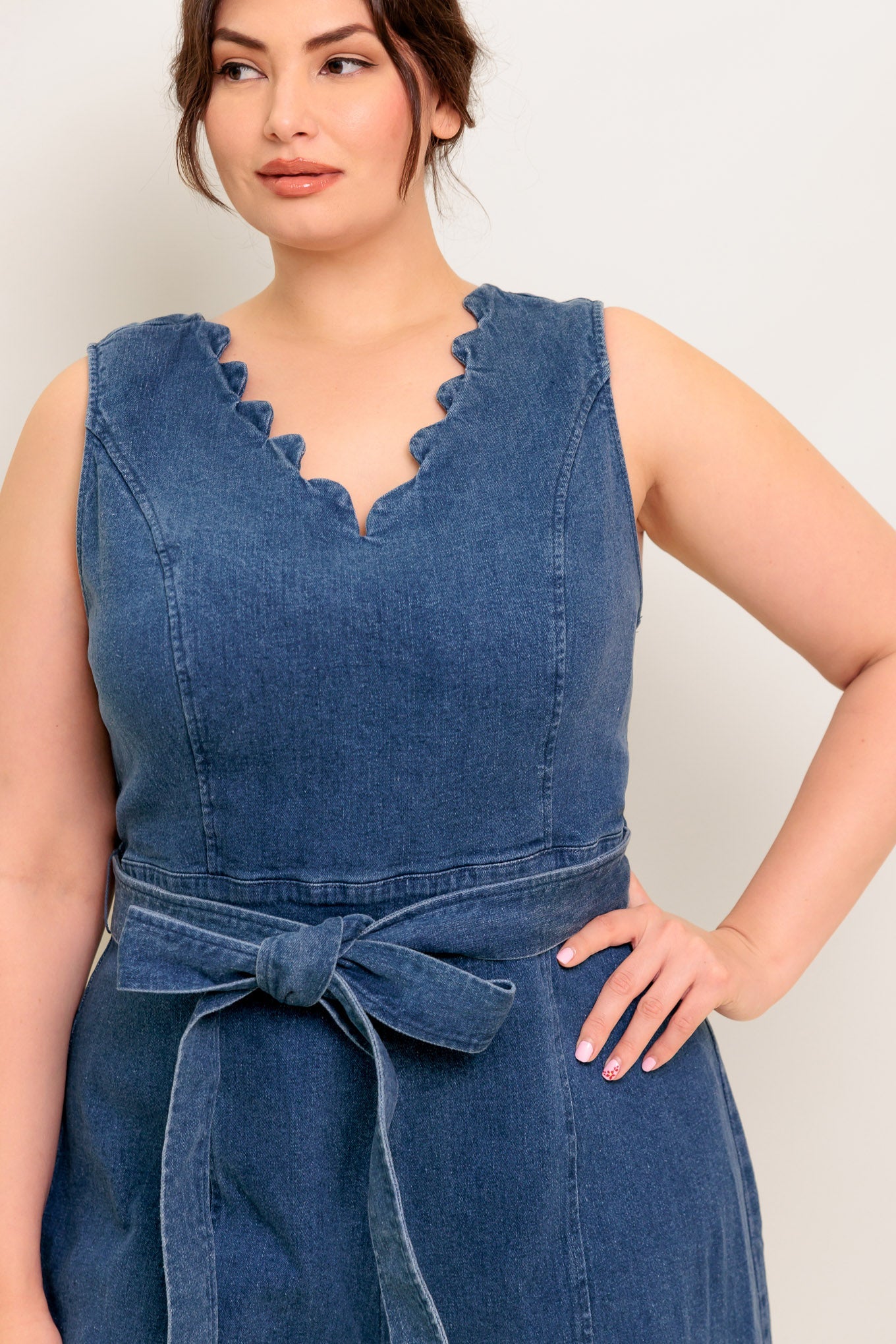 Scalloped Denim Wide-Leg Jumpsuit