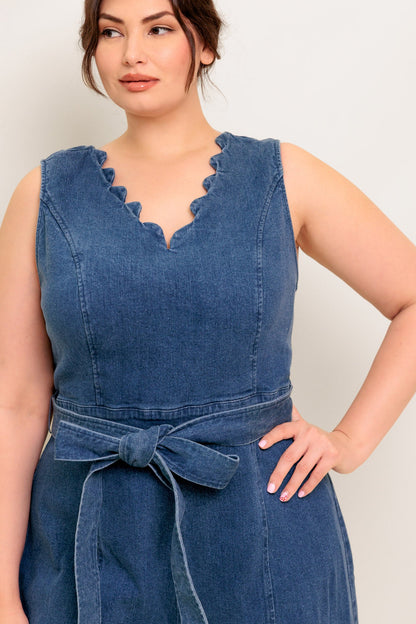 Scalloped Denim Wide-Leg Jumpsuit