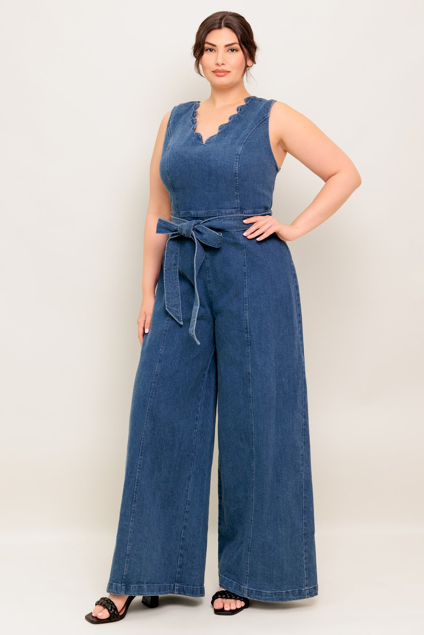 Scalloped Denim Wide-Leg Jumpsuit