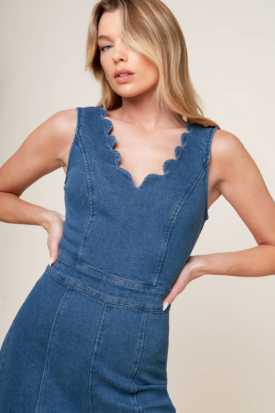 Scalloped Denim Wide-Leg Jumpsuit