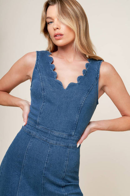 Scalloped Denim Wide-Leg Jumpsuit