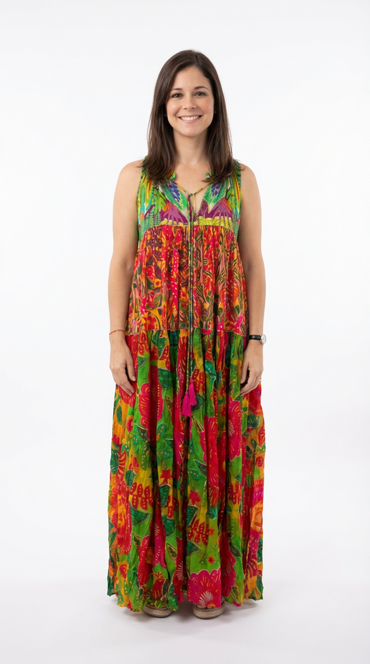 Woman wearing a colorful floral dress on a white background