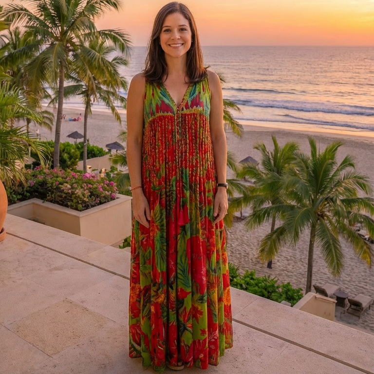 Woman in a colorful dress standing on a balcony with a sunset and ocean view.